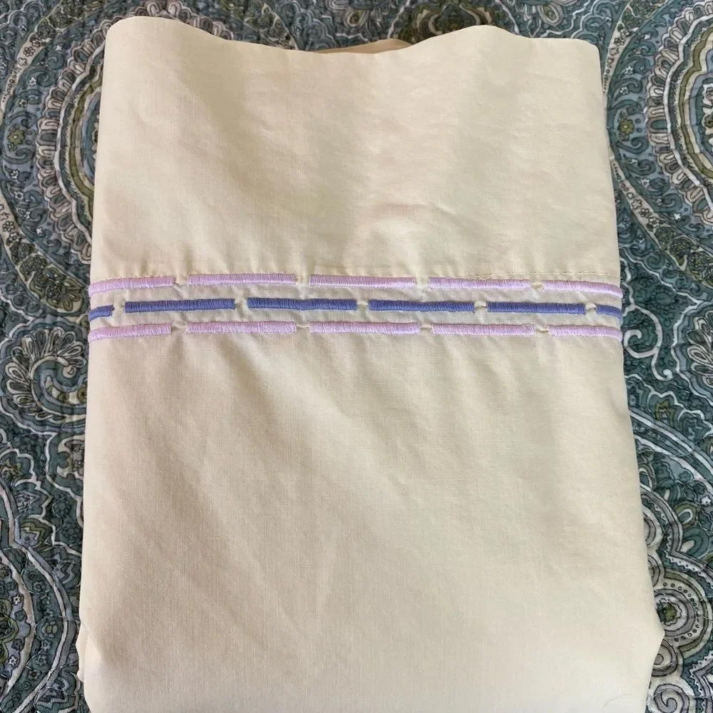 Embroidered Wamsutta vintage Cream flat Sheet with Lavender and Light Blue Trim